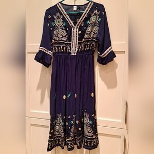 Elegant Navy Embroidered Womens Dress